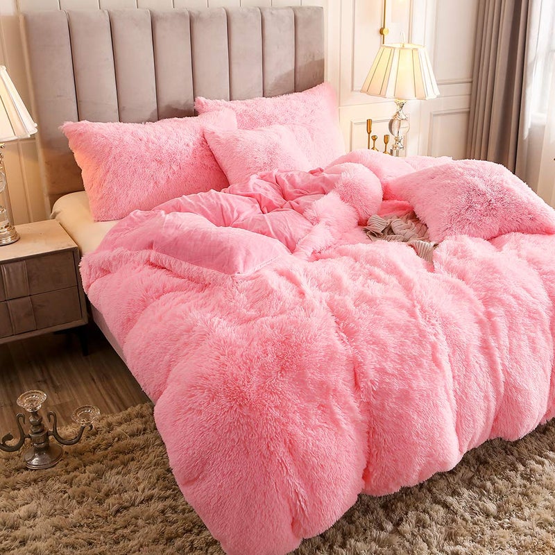 Uhamho Faux Fur Velvet Fluffy Bedding Duvet Cover Set Down Comforter Quilt Cover with Pillow Shams, Ultra Soft Warm (King, Pink) - Image 3